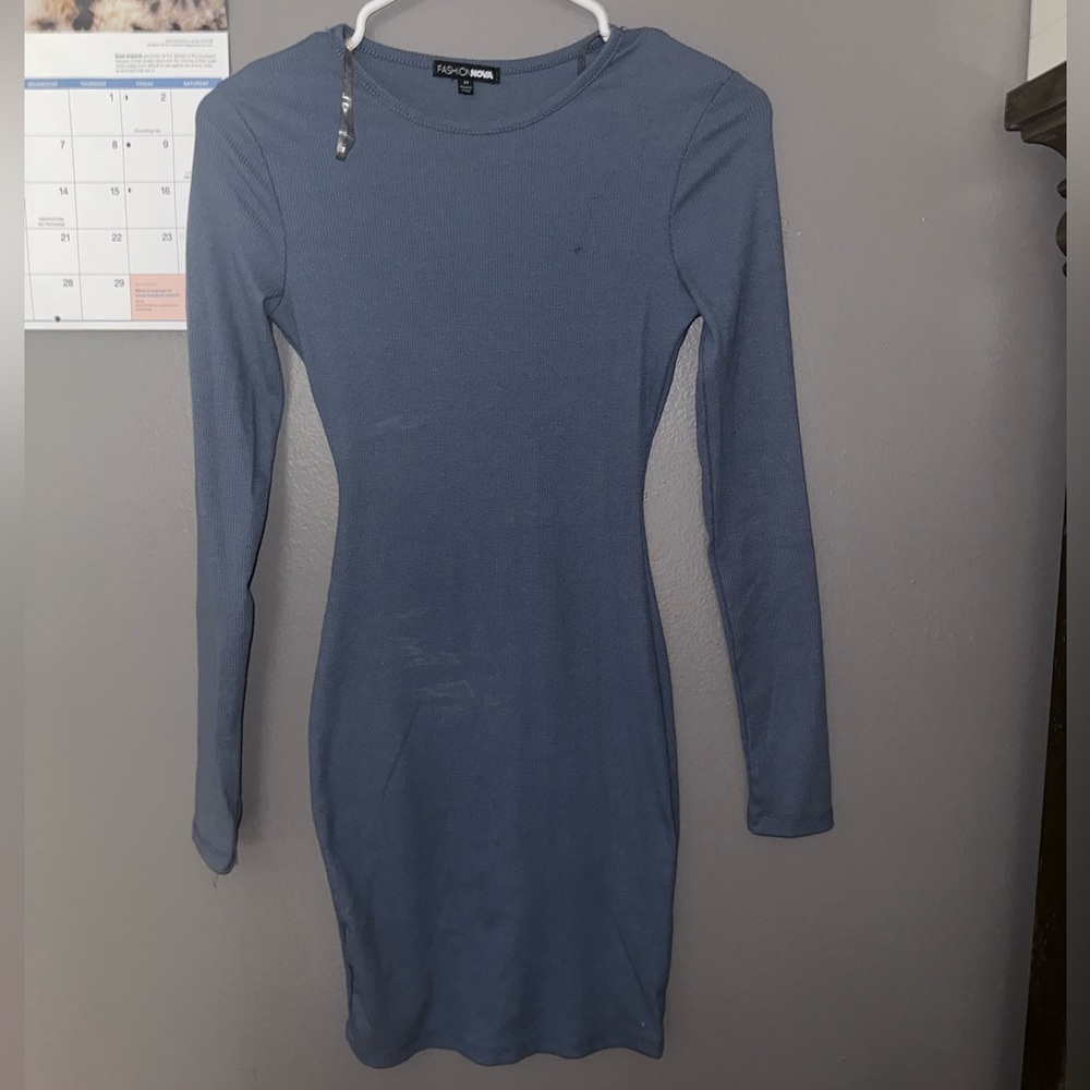 🧡 Blue Ribbed Long Sleeve Fashion Nova Dress
